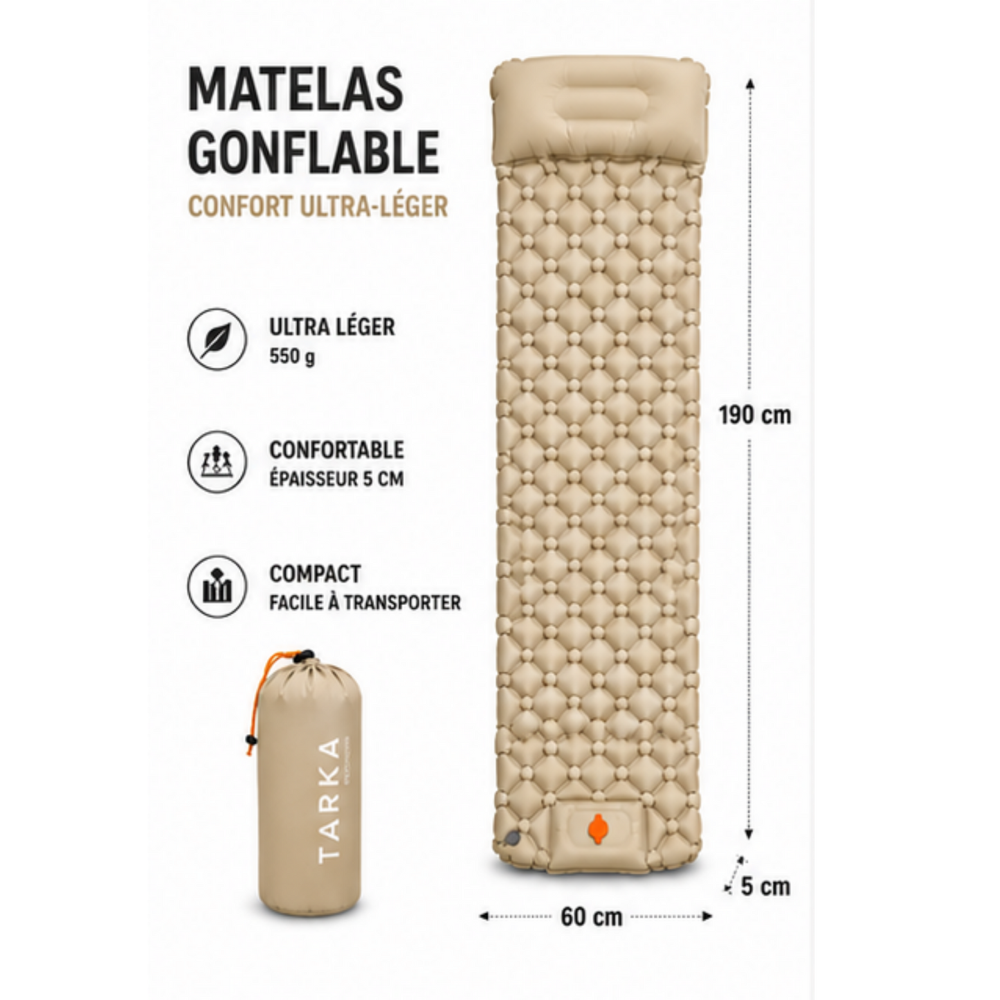 Matelas de Camping Auto-Gonflant TARKA - Ultra-Léger, Imperméable, Oreiller Intégré, Randonnée et Bivouac