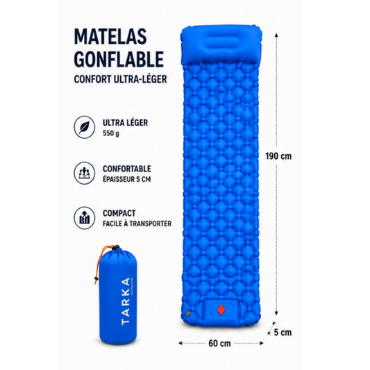 Matelas de Camping Auto-Gonflant TARKA - Ultra-Léger, Imperméable, Oreiller Intégré, Randonnée et Bivouac