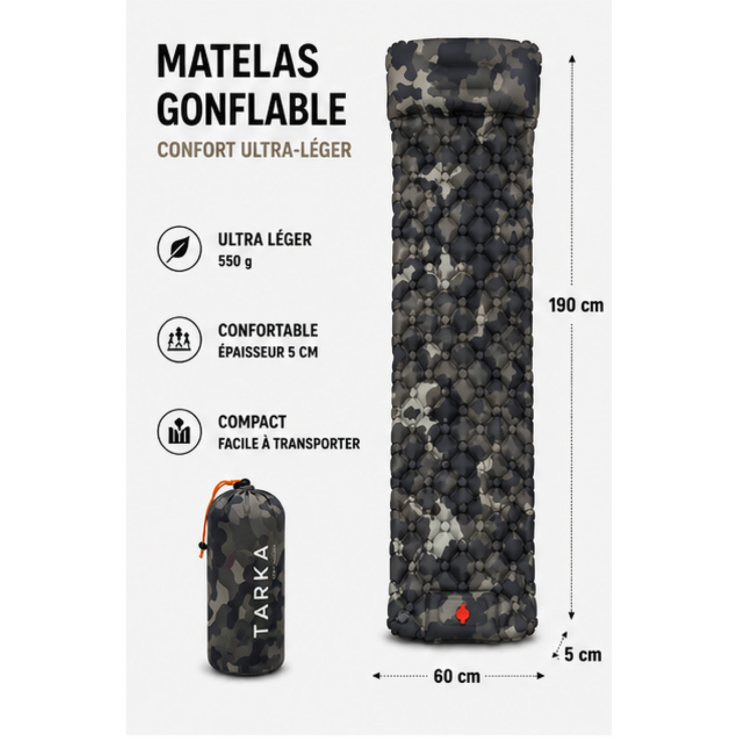 Matelas de Camping Auto-Gonflant TARKA - Ultra-Léger, Imperméable, Oreiller Intégré, Randonnée et Bivouac