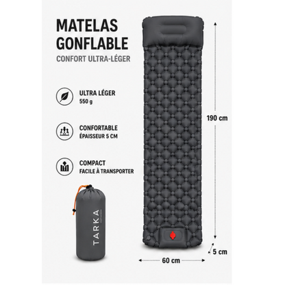 Matelas de Camping Auto-Gonflant TARKA - Ultra-Léger, Imperméable, Oreiller Intégré, Randonnée et Bivouac