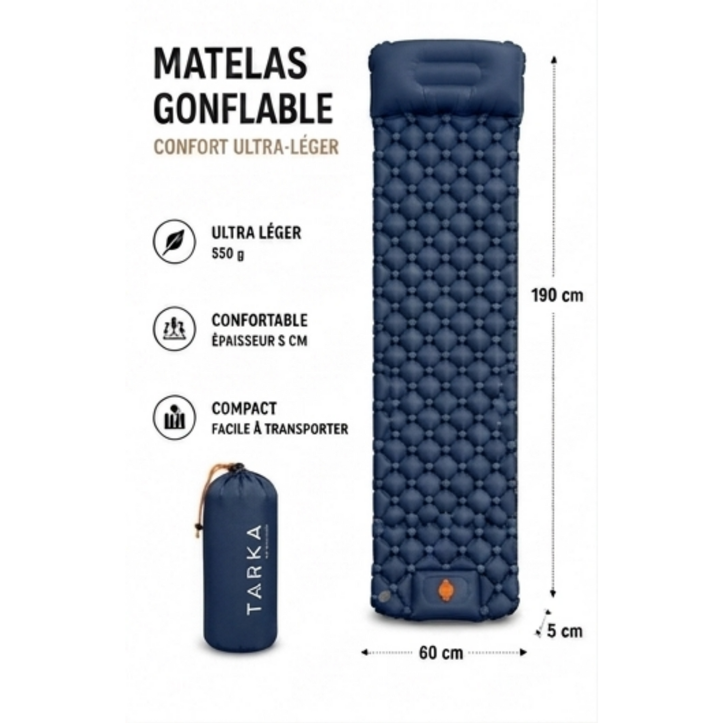 Matelas de Camping Auto-Gonflant TARKA - Ultra-Léger, Imperméable, Oreiller Intégré, Randonnée et Bivouac