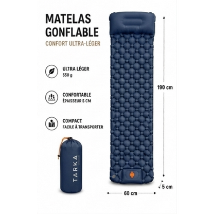 Matelas de Camping Auto-Gonflant TARKA - Ultra-Léger, Imperméable, Oreiller Intégré, Randonnée et Bivouac