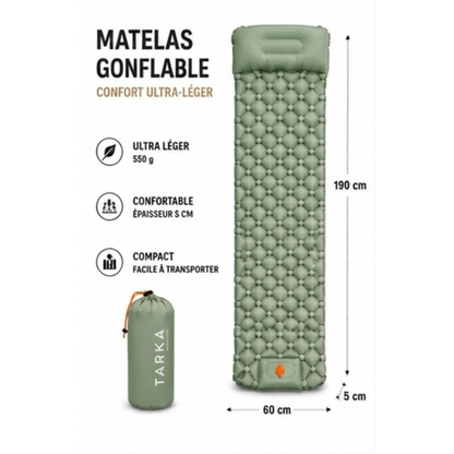 Matelas de Camping Auto-Gonflant TARKA - Ultra-Léger, Imperméable, Oreiller Intégré, Randonnée et Bivouac